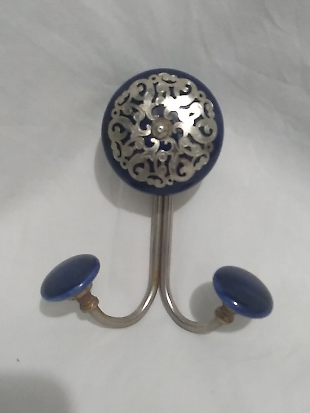Blue Ceramic Double Wall Hook with Silver-tone Filigree (B3)